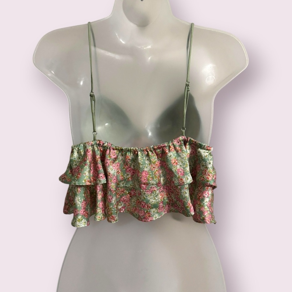 Floral Ruffle Peplum Cami Top Green Pink Adjustable Straps S - Picture 6 of 6